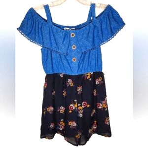 Girls' Blue Off-Shoulder Floral Romper- Size 10
